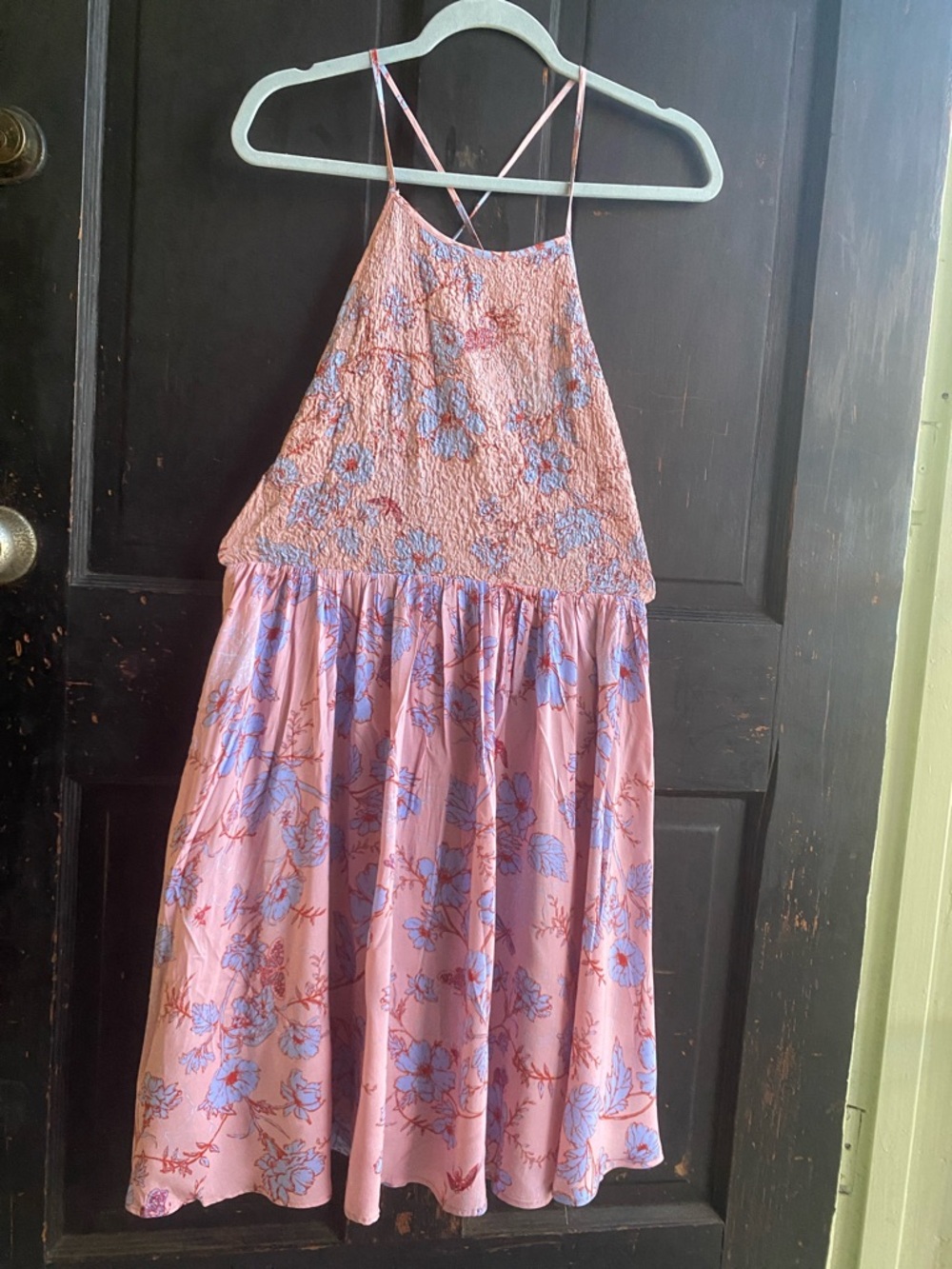 Kimchi Blue Pink Midi Dress with Blue Floral Print
